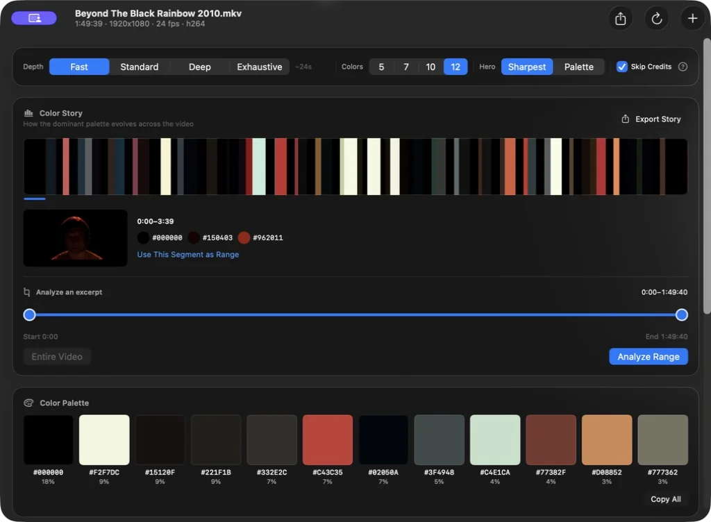 PaletteFrame analyzing a film with its dominant palette and Color Story timeline visible